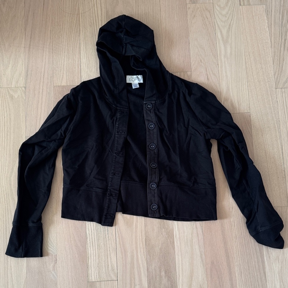 LOFT Black Button-Up Hooded Sweater